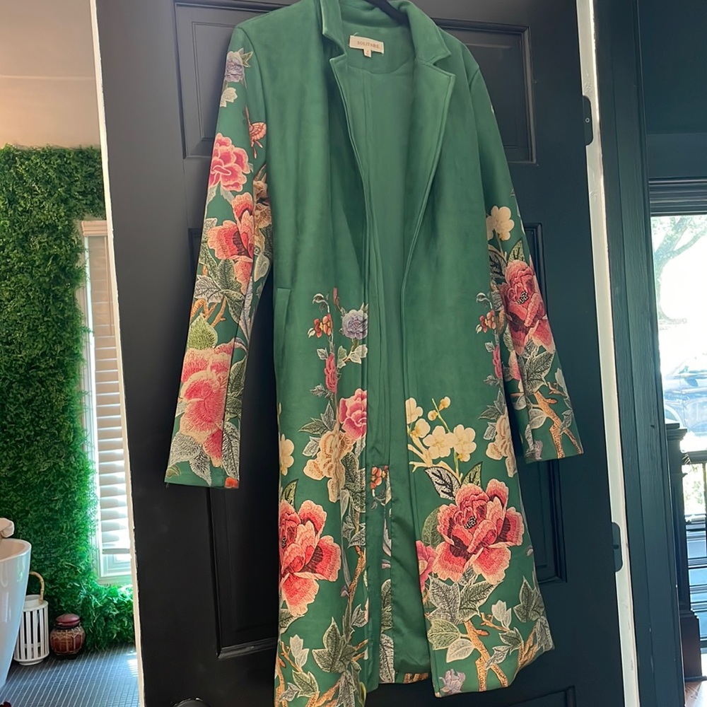 Solitaire anthropologie Green floral suede jacket size small